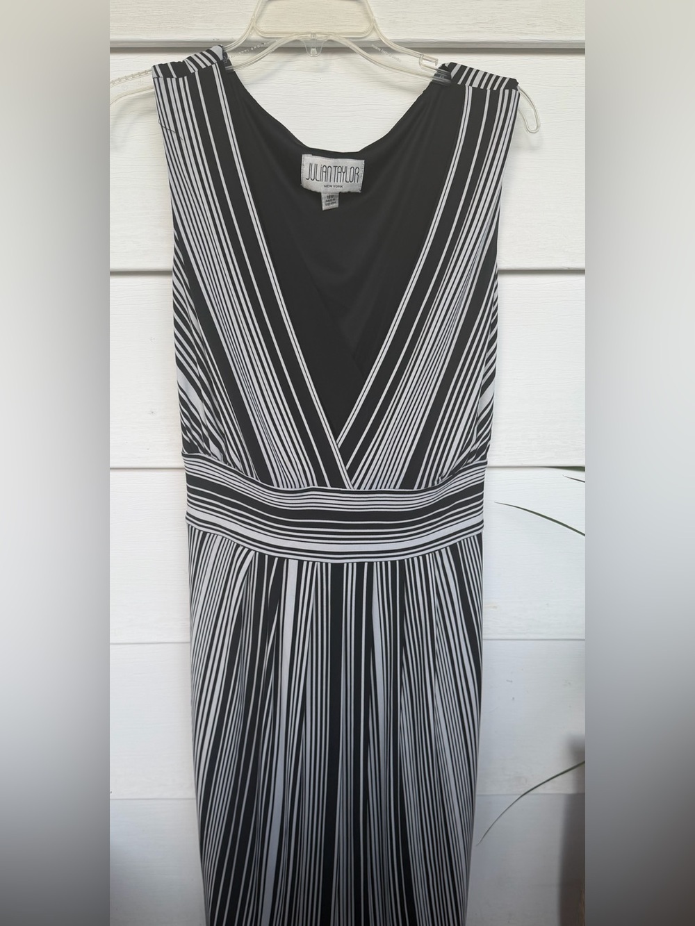 Julian Taylor Black & White Striped V-Neck Faux Wrap Dress - Size 18W